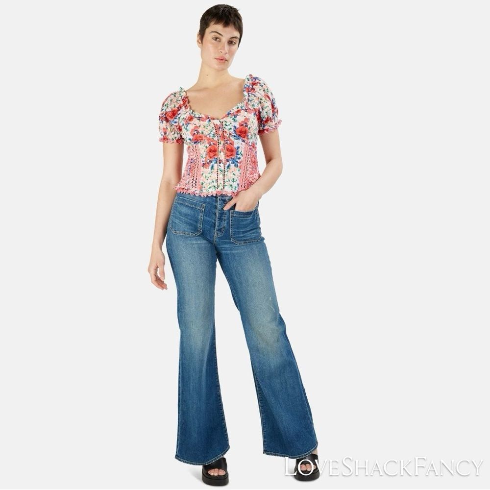 LoveShackFancy **NWT** Bryant Ruffle Trim Button Front Top in Rush of Red Floral - Picture 6 of 16